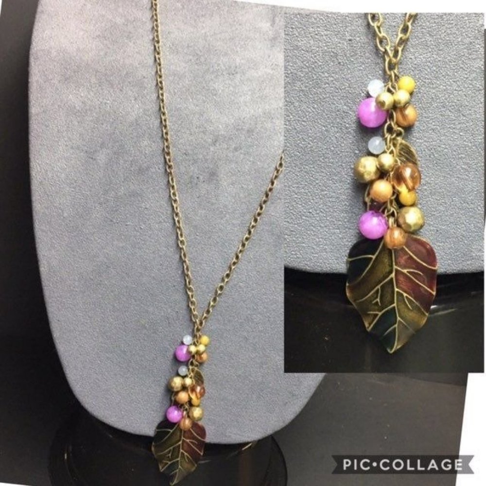 Long Bronze Leaf Necklace Dangle Pendant Purple Green Gold Brown Retro BoHo